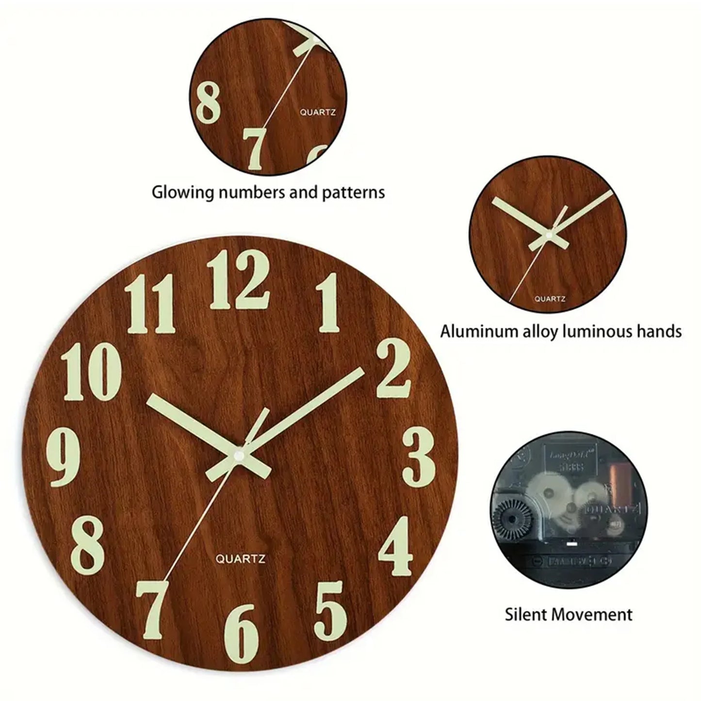 Luminous 12-Inch Silent Wall Clock - Wooden Analog Decor for Home  Office - ZOOMNSTORE
