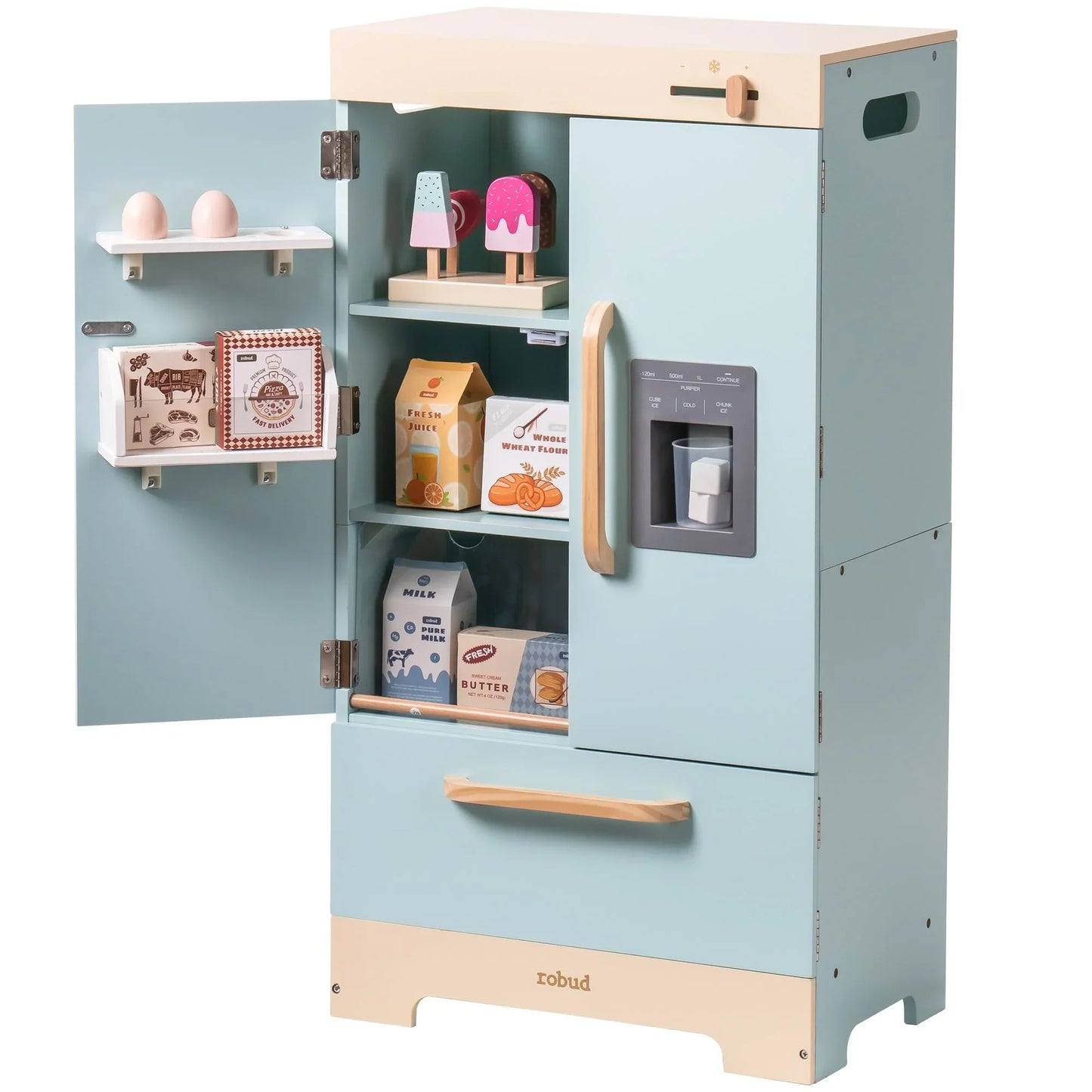 Robotime Robud Play Kitchen Fridge Refrigerator with Ice Dispenser Wooden Kids Play Kitchen Playset Toy for Ages 3+Blue - ZOOMNSTORE
