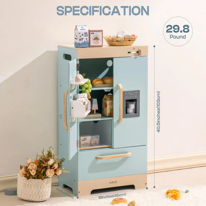 Robotime Robud Play Kitchen Fridge Refrigerator with Ice Dispenser Wooden Kids Play Kitchen Playset Toy for Ages 3+Blue - ZOOMNSTORE