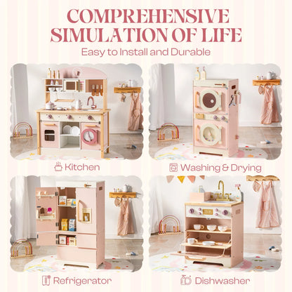 Robotime Robud Kids Corner Kitchen Playset Wooden Play Kitchen Set with Realistic Sound Pretend Play Gift for Boys Girls Pink - ZOOMNSTORE