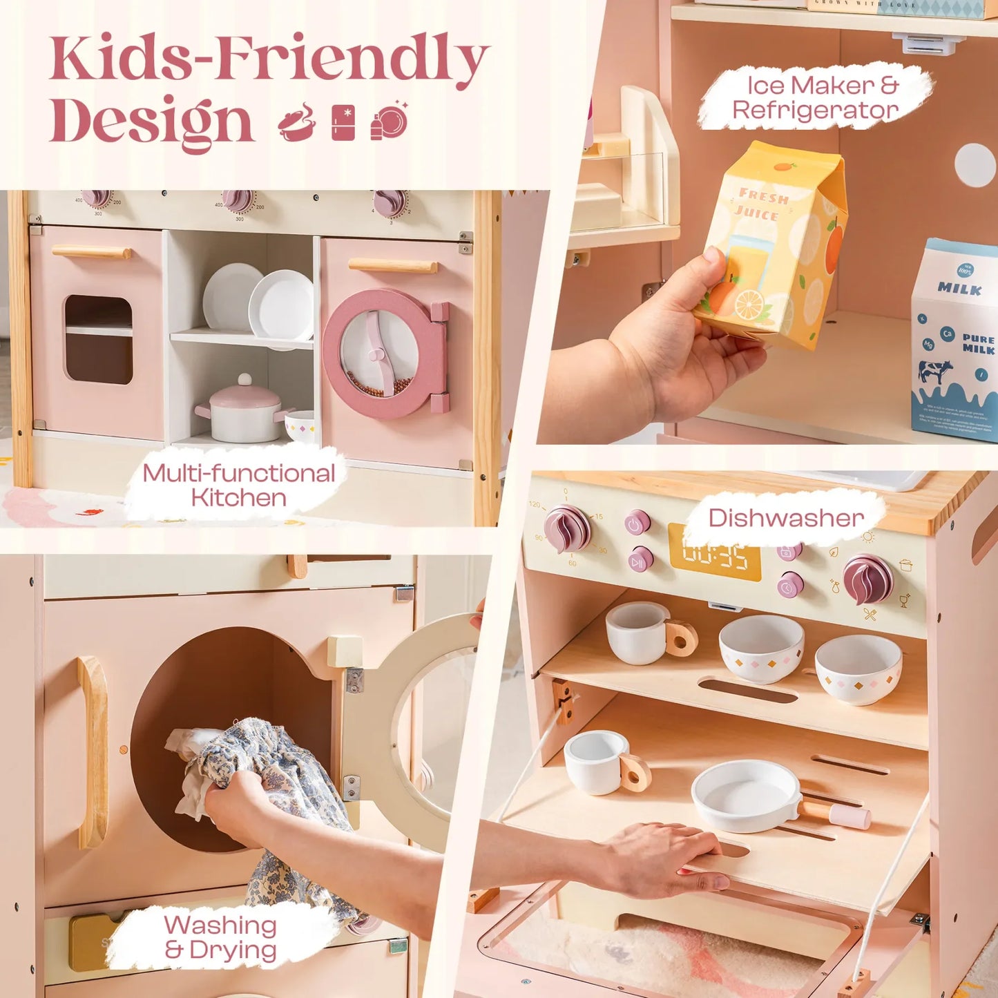 Robotime Robud Kids Corner Kitchen Playset Wooden Play Kitchen Set with Realistic Sound Pretend Play Gift for Boys Girls Pink - ZOOMNSTORE