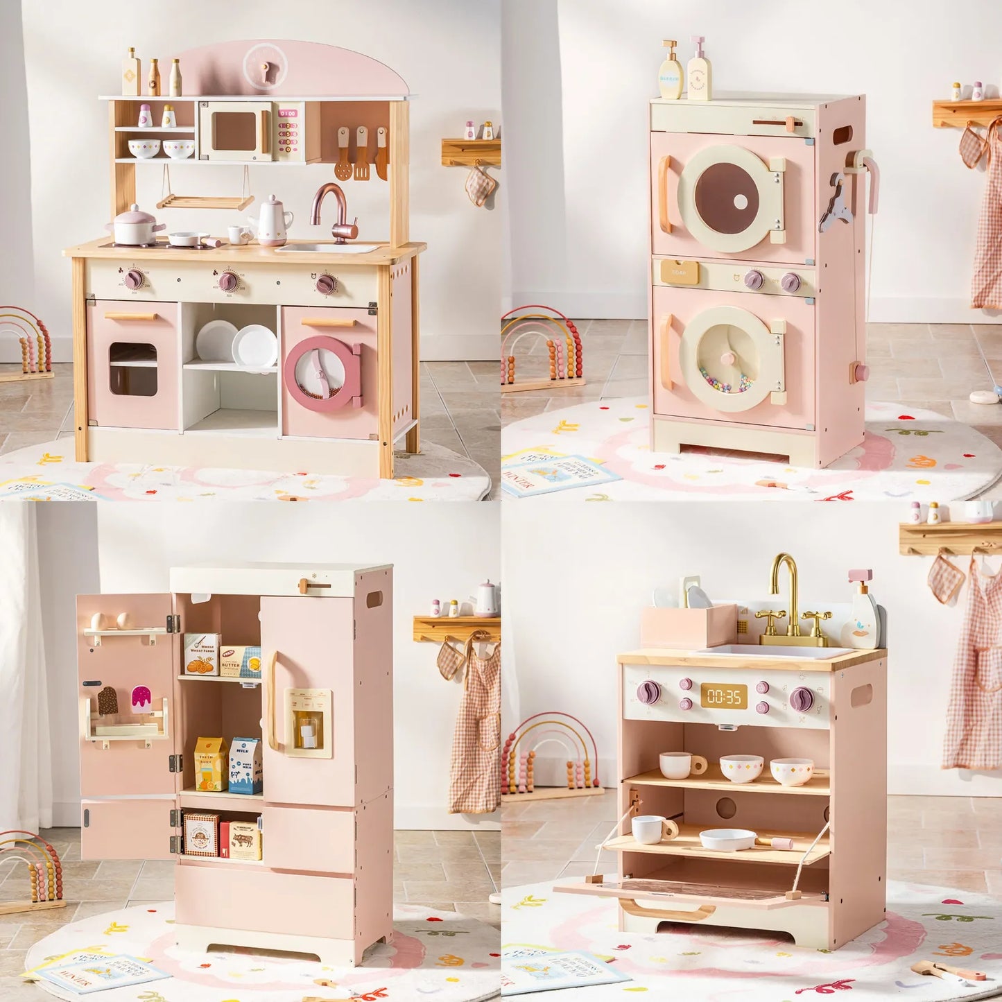 Robotime Robud Kids Corner Kitchen Playset Wooden Play Kitchen Set with Realistic Sound Pretend Play Gift for Boys Girls Pink - ZOOMNSTORE