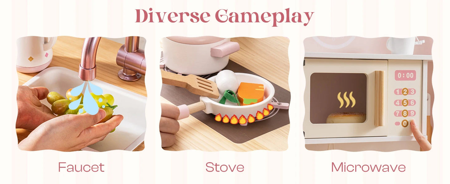Robotime Robud Kids Corner Kitchen Playset Wooden Play Kitchen Set with Realistic Sound Pretend Play Gift for Boys Girls Pink - ZOOMNSTORE