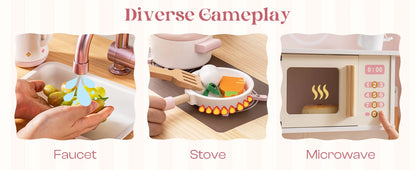 Robotime Robud Kids Corner Kitchen Playset Wooden Play Kitchen Set with Realistic Sound Pretend Play Gift for Boys Girls Pink - ZOOMNSTORE