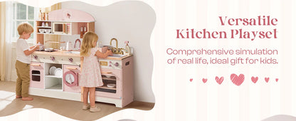Robotime Robud Kids Corner Kitchen Playset Wooden Play Kitchen Set with Realistic Sound Pretend Play Gift for Boys Girls Pink - ZOOMNSTORE