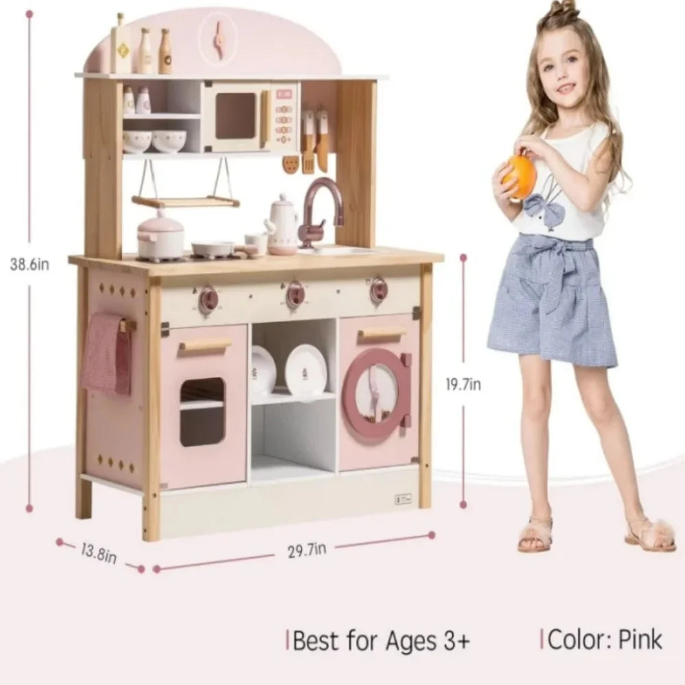 Robotime Robud Kids Corner Kitchen Playset Wooden Play Kitchen Set with Realistic Sound Pretend Play Gift for Boys Girls Pink - ZOOMNSTORE