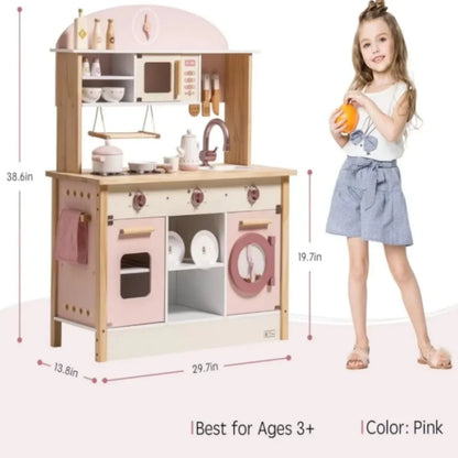 Robotime Robud Kids Corner Kitchen Playset Wooden Play Kitchen Set with Realistic Sound Pretend Play Gift for Boys Girls Pink - ZOOMNSTORE