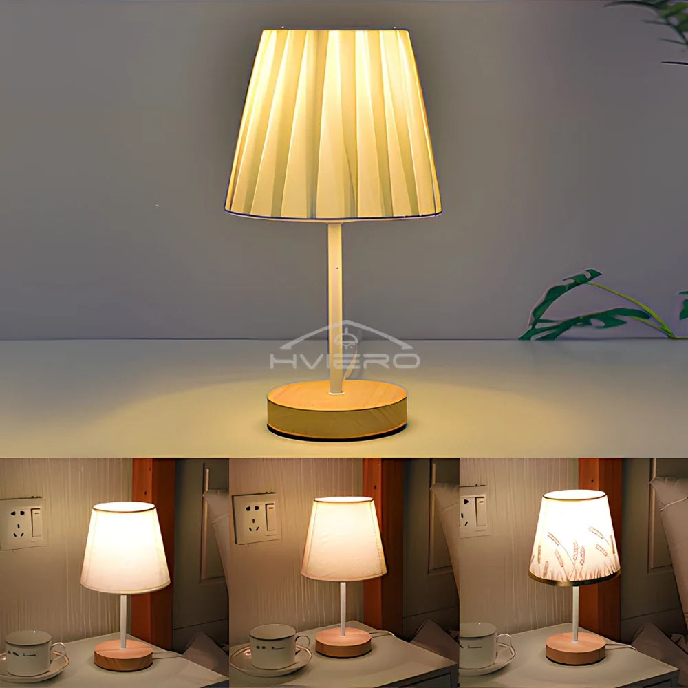 Wooden USB Table Lamp - Modern Bedside Nightstand Light with Cylinder Shade - ZOOMNSTORE