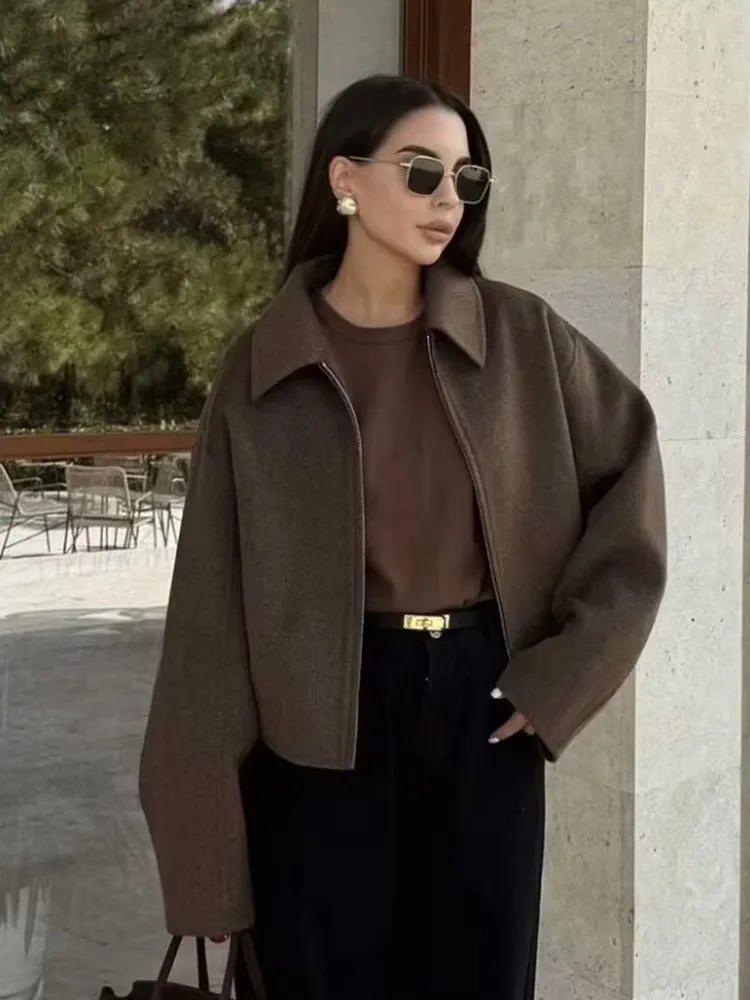 Woolen Jacket Women - Brown Zipper Lapel Short Coat | Elegant Vintage Outerwear - ZOOMNSTORE