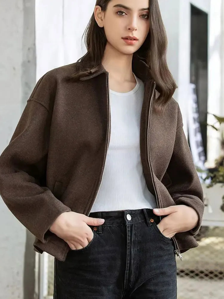 Woolen Jacket Women - Brown Zipper Lapel Short Coat | Elegant Vintage Outerwear - ZOOMNSTORE