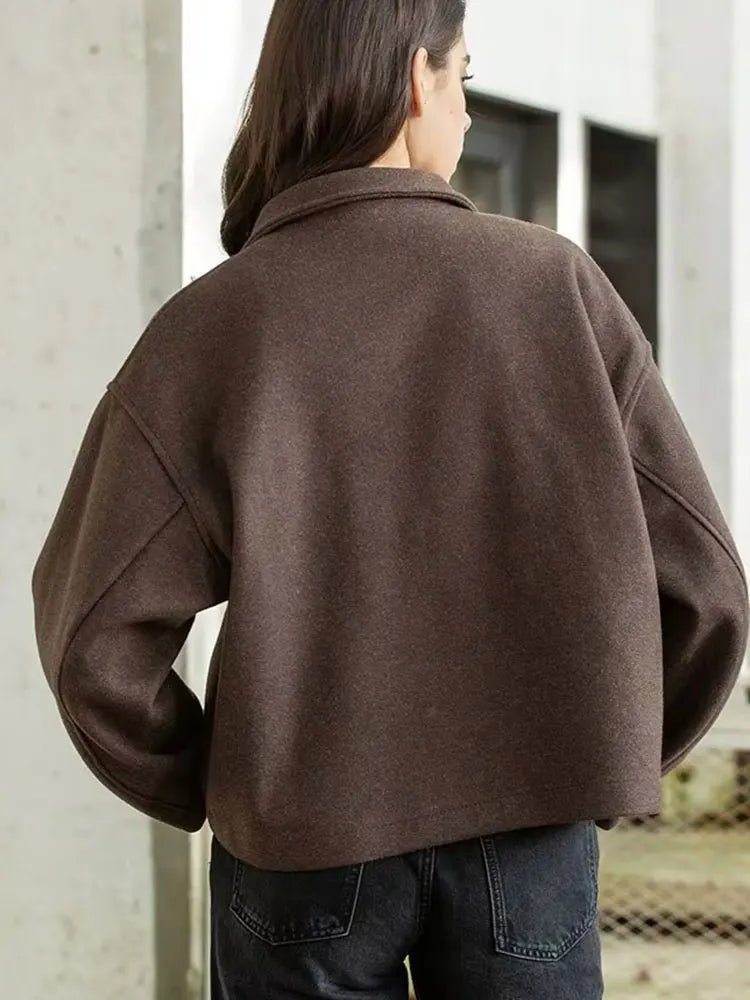 Woolen Jacket Women - Brown Zipper Lapel Short Coat | Elegant Vintage Outerwear - ZOOMNSTORE