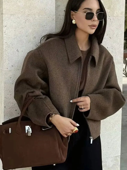 Woolen Jacket Women - Brown Zipper Lapel Short Coat | Elegant Vintage Outerwear - ZOOMNSTORE