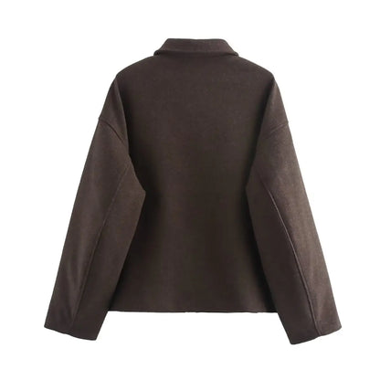 Woolen Jacket Women - Brown Zipper Lapel Short Coat | Elegant Vintage Outerwear - ZOOMNSTORE