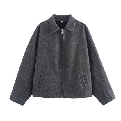 Woolen Jacket Women - Brown Zipper Lapel Short Coat | Elegant Vintage Outerwear - ZOOMNSTORE