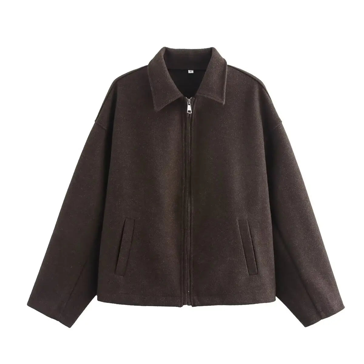 Woolen Jacket Women - Brown Zipper Lapel Short Coat | Elegant Vintage Outerwear - ZOOMNSTORE