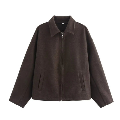 Woolen Jacket Women - Brown Zipper Lapel Short Coat | Elegant Vintage Outerwear - ZOOMNSTORE