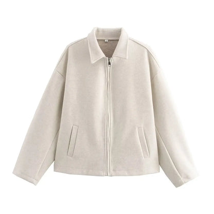 Woolen Jacket Women - Brown Zipper Lapel Short Coat | Elegant Vintage Outerwear - ZOOMNSTORE