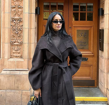 Woolen Long Coat - Women's Casual Solid Coat With Belted Stand Collar & Full Sleeve Jacket - ZOOMNSTORE