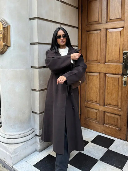 Woolen Long Coat - Women's Casual Solid Coat With Belted Stand Collar & Full Sleeve Jacket - ZOOMNSTORE