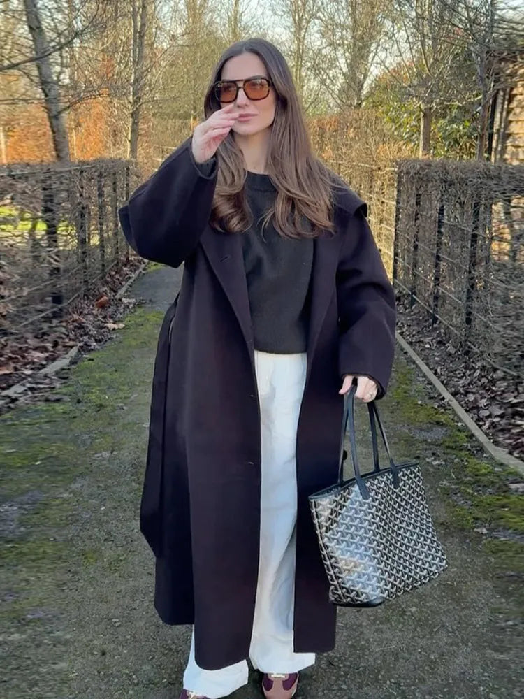 Woolen Long Coat - Women's Casual Solid Coat With Belted Stand Collar & Full Sleeve Jacket - ZOOMNSTORE
