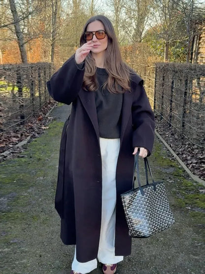 Woolen Long Coat - Women's Casual Solid Coat With Belted Stand Collar & Full Sleeve Jacket - ZOOMNSTORE