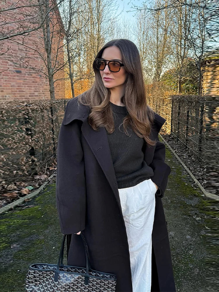 Woolen Long Coat - Women's Casual Solid Coat With Belted Stand Collar & Full Sleeve Jacket - ZOOMNSTORE