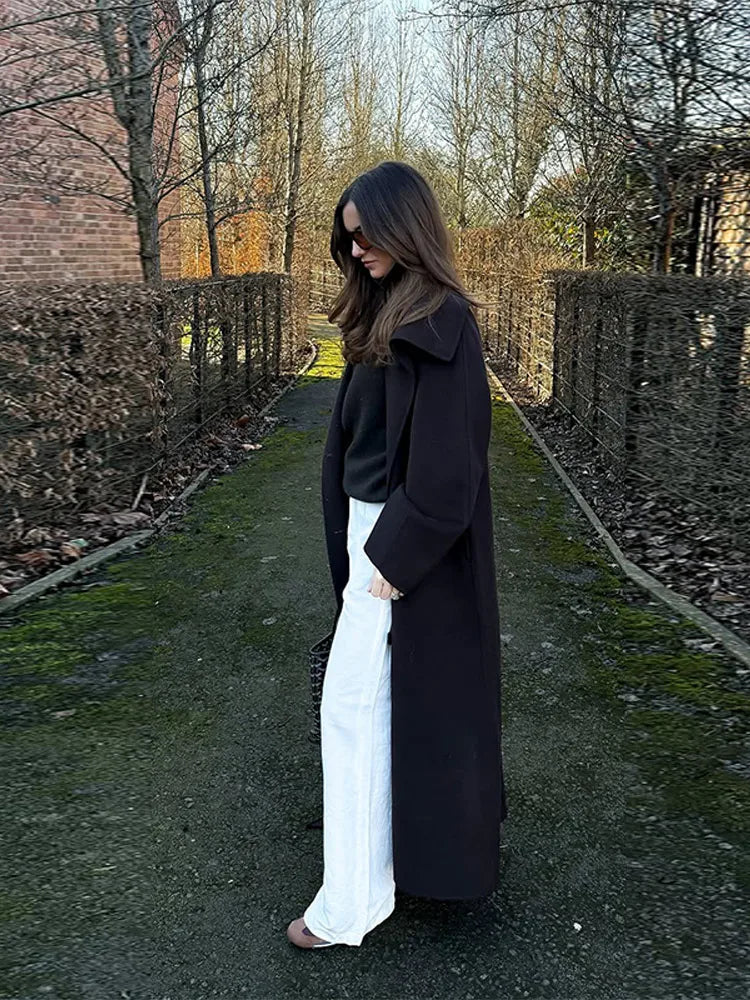 Woolen Long Coat - Women's Casual Solid Coat With Belted Stand Collar & Full Sleeve Jacket - ZOOMNSTORE
