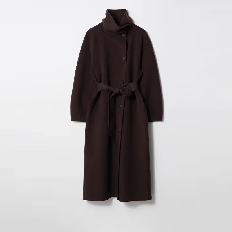 Woolen Long Coat - Women's Casual Solid Coat With Belted Stand Collar & Full Sleeve Jacket - ZOOMNSTORE