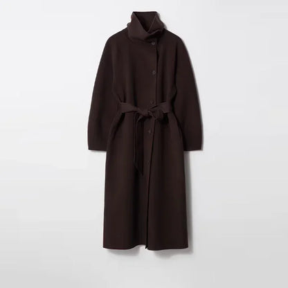 Woolen Long Coat - Women's Casual Solid Coat With Belted Stand Collar & Full Sleeve Jacket - ZOOMNSTORE