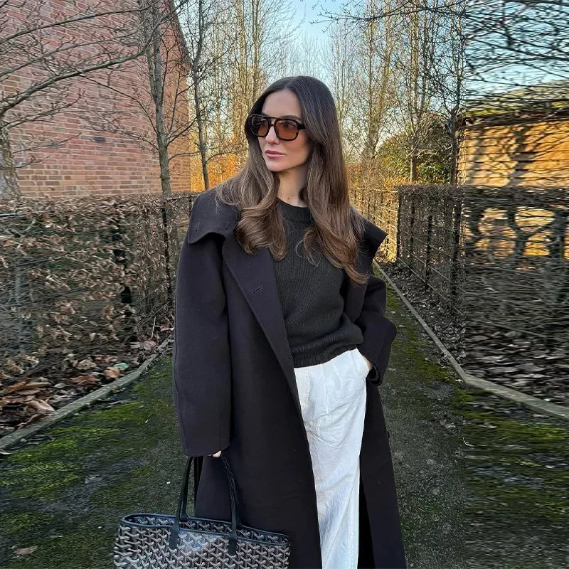 Woolen Long Coat - Women's Casual Solid Coat With Belted Stand Collar & Full Sleeve Jacket - ZOOMNSTORE