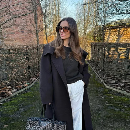 Woolen Long Coat - Women's Casual Solid Coat With Belted Stand Collar & Full Sleeve Jacket - ZOOMNSTORE