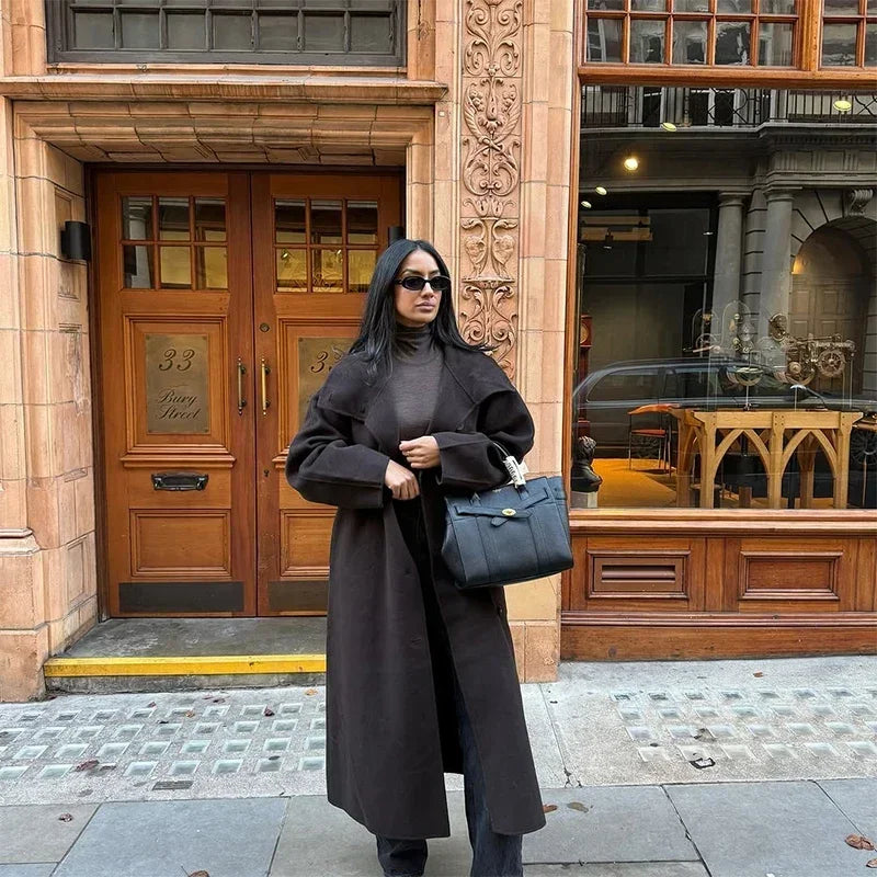 Woolen Long Coat - Women's Casual Solid Coat With Belted Stand Collar & Full Sleeve Jacket - ZOOMNSTORE