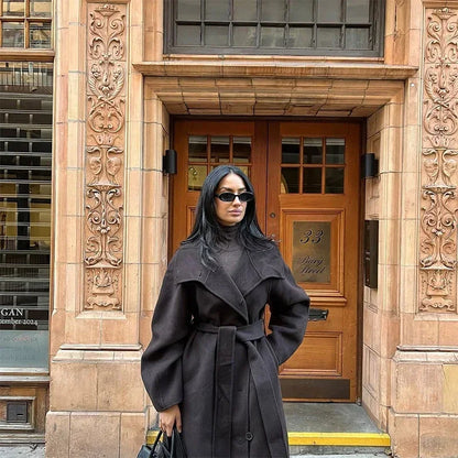 Woolen Long Coat - Women's Casual Solid Coat With Belted Stand Collar & Full Sleeve Jacket - ZOOMNSTORE