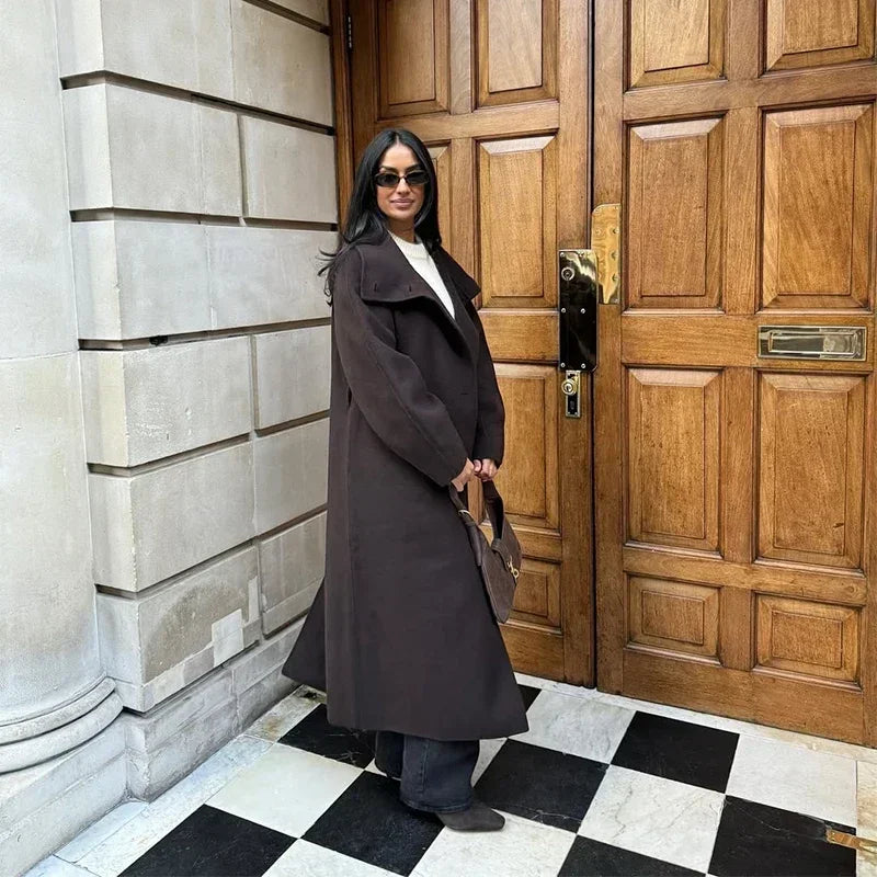 Woolen Long Coat - Women's Casual Solid Coat With Belted Stand Collar & Full Sleeve Jacket - ZOOMNSTORE