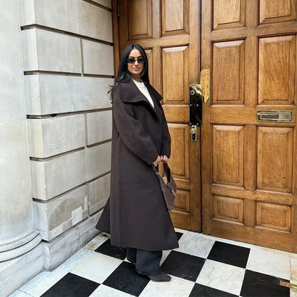 Woolen Long Coat - Women's Casual Solid Coat With Belted Stand Collar & Full Sleeve Jacket - ZOOMNSTORE