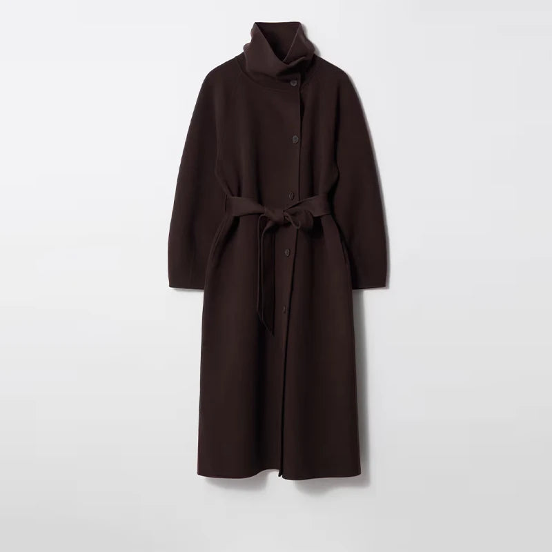 Woolen Long Coat - Women's Casual Solid Coat With Belted Stand Collar & Full Sleeve Jacket - ZOOMNSTORE