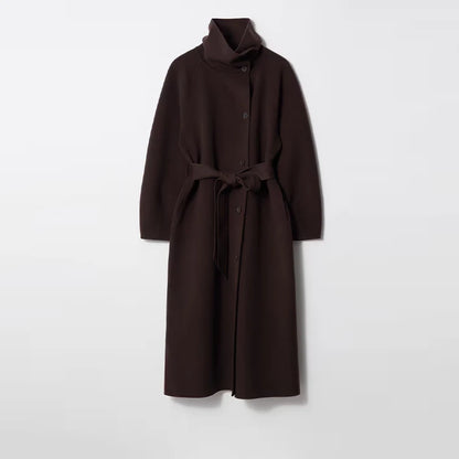 Woolen Long Coat - Women's Casual Solid Coat With Belted Stand Collar & Full Sleeve Jacket - ZOOMNSTORE