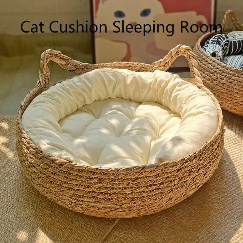 Natural Woven Cat Bed - Universal Washable Heating Pad for All Seasons - ZOOMNSTORE