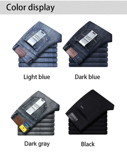 Wthinlee New Business Men's Jeans fleece Casual Straight Stretch Fashion Classic Blue Black Work Denim Trousers Male  Clothing - ZOOMNSTORE