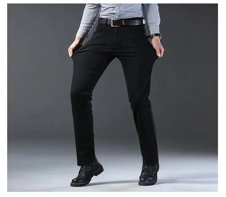 Wthinlee New Business Men's Jeans fleece Casual Straight Stretch Fashion Classic Blue Black Work Denim Trousers Male  Clothing - ZOOMNSTORE