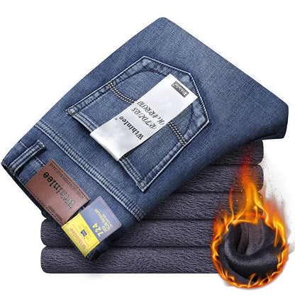 Wthinlee New Business Men's Jeans fleece Casual Straight Stretch Fashion Classic Blue Black Work Denim Trousers Male  Clothing - ZOOMNSTORE