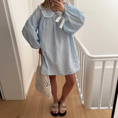 Y2K Gingham Babydoll Dress - Puff Sleeve Mini Dress with Peter Pan Collar - ZOOMNSTORE