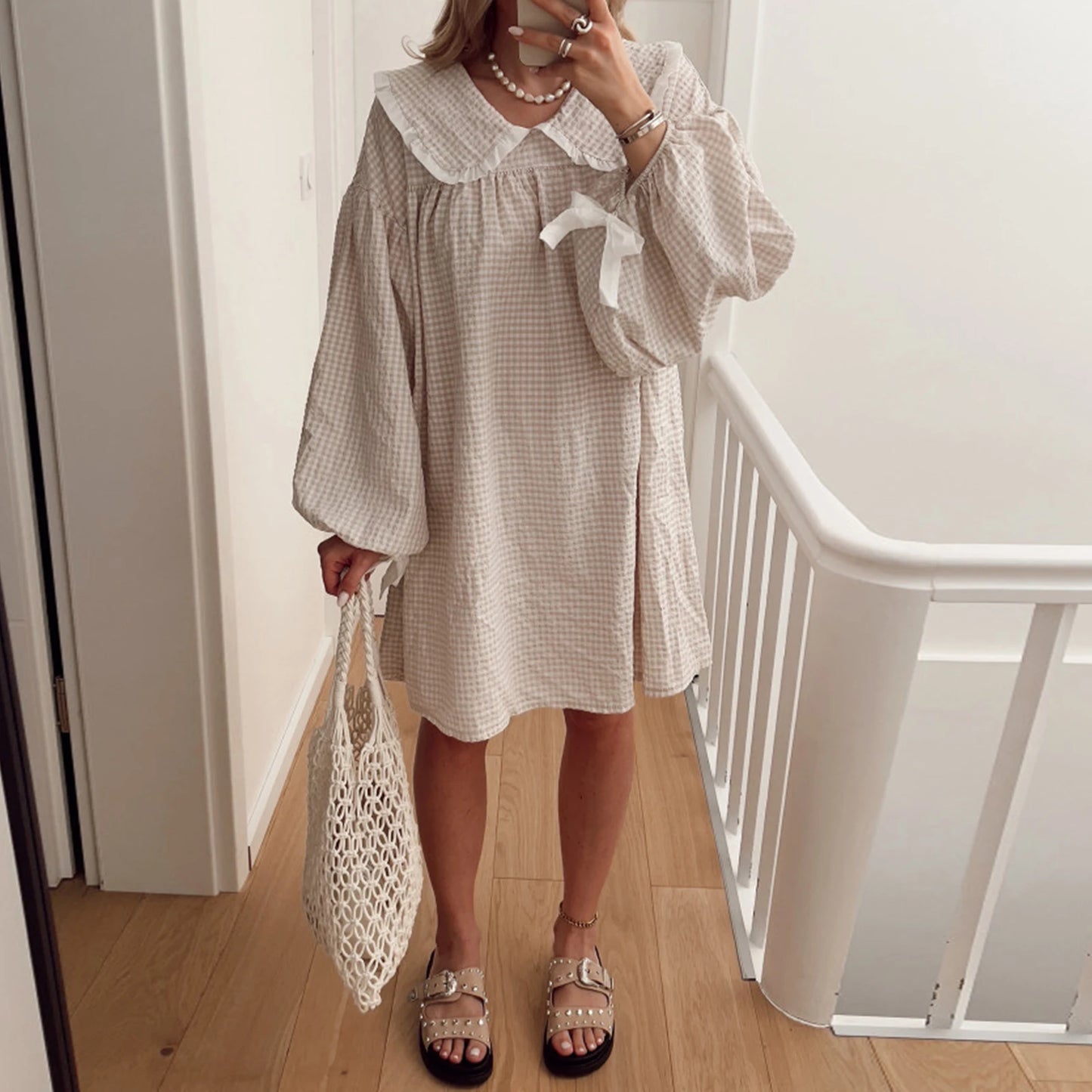 Y2K Gingham Babydoll Dress - Puff Sleeve Mini Dress with Peter Pan Collar - ZOOMNSTORE