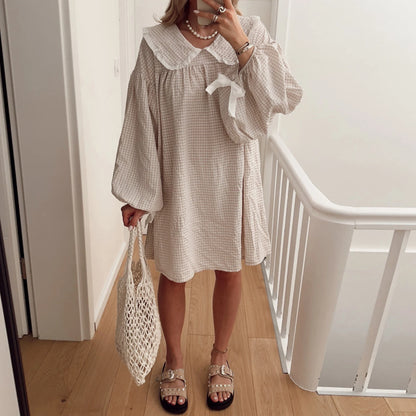 Y2K Gingham Babydoll Dress - Puff Sleeve Mini Dress with Peter Pan Collar - ZOOMNSTORE