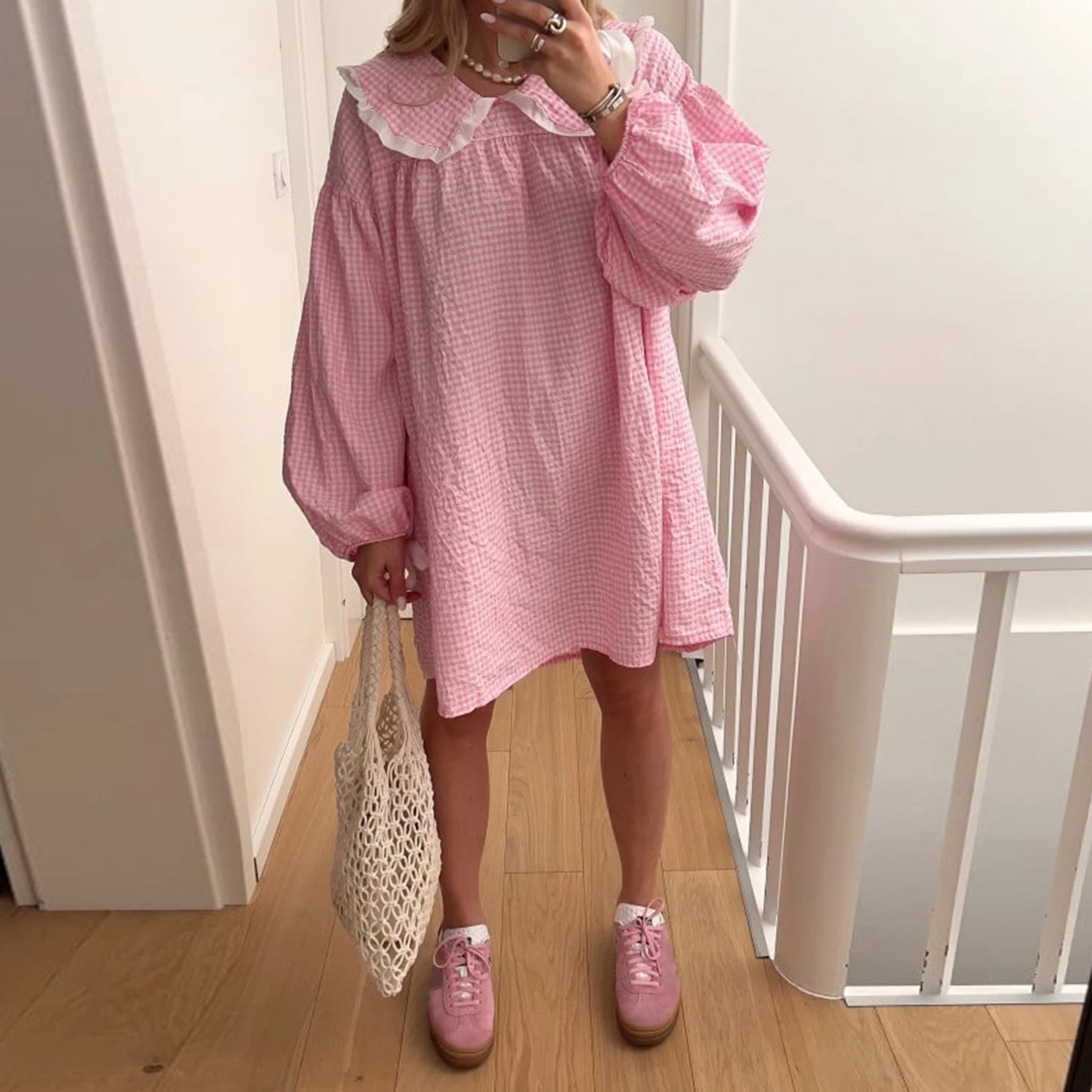 Y2K Gingham Babydoll Dress - Puff Sleeve Mini Dress with Peter Pan Collar - ZOOMNSTORE