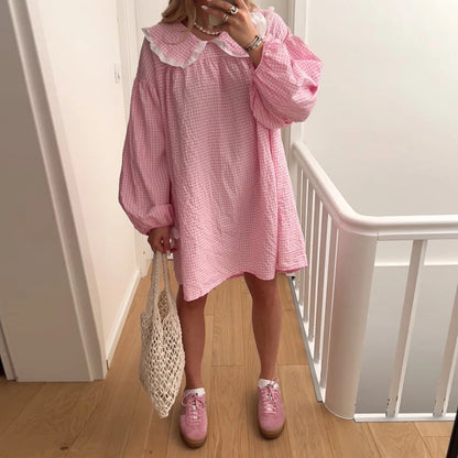 Y2K Gingham Babydoll Dress - Puff Sleeve Mini Dress with Peter Pan Collar - ZOOMNSTORE