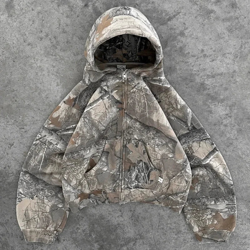 Y2K Camo Hoodie - Retro Zip-Up Sweatshirt for Men and Women Oversized Streetwear - ZOOMNSTORE
