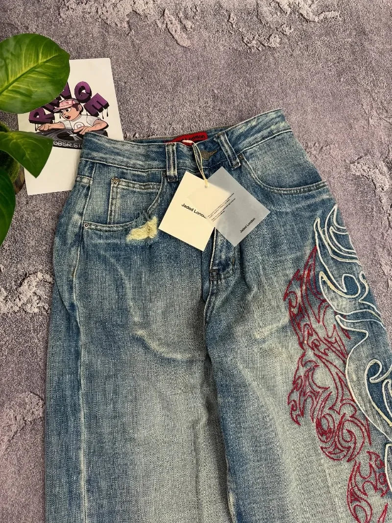 Y2K Embroidered Baggy Jeans - Vintage Hip Hop Wide-Leg Pants for Men - ZOOMNSTORE