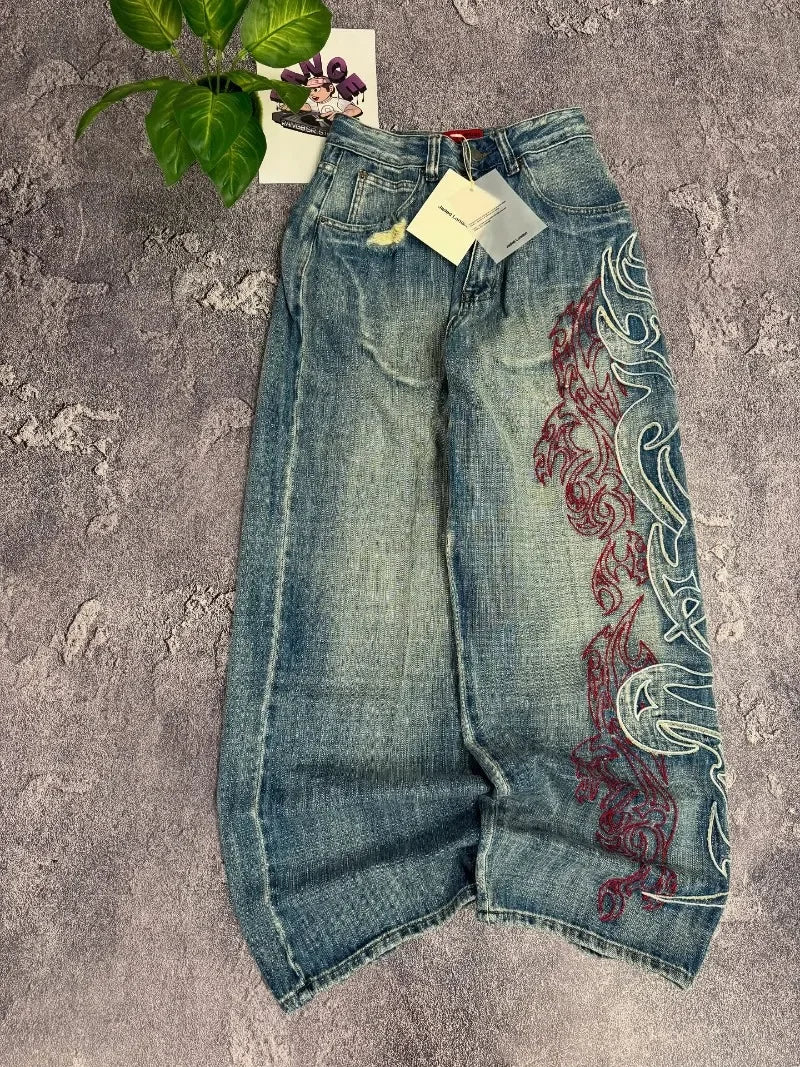 Y2K Embroidered Baggy Jeans - Vintage Hip Hop Wide-Leg Pants for Men - ZOOMNSTORE