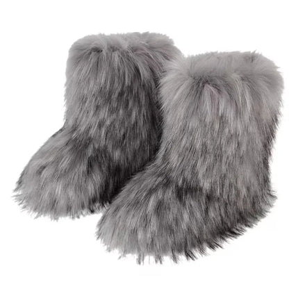 Y2K Fluffy Mid-calf Boots Winter Women Fashion Snow Boots Warm Cotton Shoes - ZOOMNSTORE